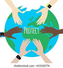 Protect Our Environment. World Environment Day. Hands protect the earth globe on white background. Saving the earth concept. Earth Day illustration.