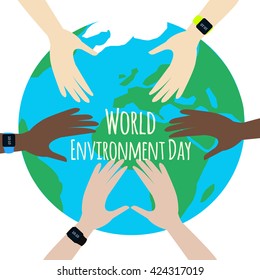 Protect Our Environment. World Environment Day. Hands protect the earth globe on white background. Saving the earth concept. Earth Day illustration.