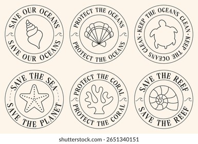 Proteger Nuestros Océanos Emblema. Conjunto de insignias. Diseño de Vector
