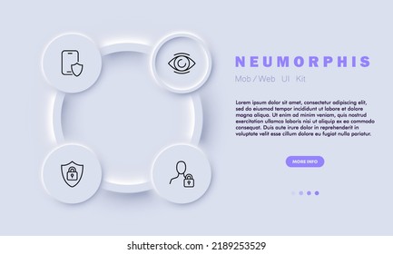 Schützen Sie das Symbol für persönliche Datensätze. Telefon mit Schild, Auge, Zugangseinstellungen, Schloss, Person, Überprüfung, private Informationen, vertraulich. Datenschutzkonzept. Neomorphismus. Vektorliniensymbol für Business.