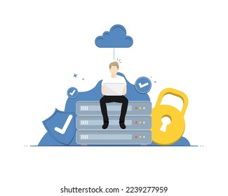 Protect personal information concept, Human typing on laptop with computer server, Digital marketing illustration.