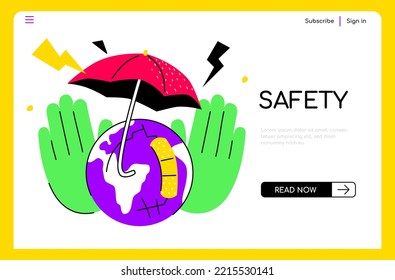 Protect the planet - colorful flat design style illustration with linear elements. Neon colored composition with damaged Earth, covered by hands and umbrella. Climate change and human impact