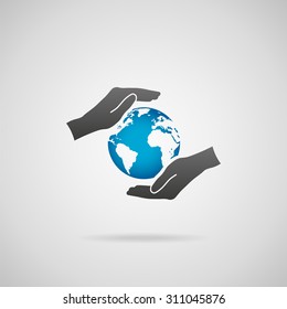 Protect planet Earth concept. Vector icon of hands in protective gesture and blue planet Earth.