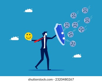 Protect positive thoughts. Businessman holding a shield against the attack of negative thoughts