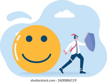 Protect positive thoughts. Businessman holding shield to protect positive thinking vector

