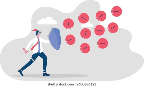 Protect positive thoughts. Businessman holding a shield against the attack of negative thoughts

