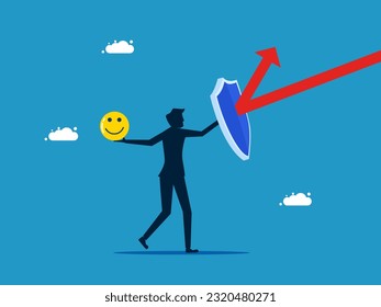 Proteger pensamientos positivos. hombre sosteniendo un escudo contra el ataque de pensamientos negativos
