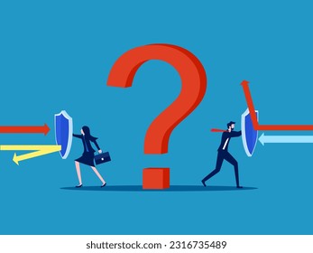 Protect problems or business secrets. Businessman team holding shield to protect question mark from arrow attack vector