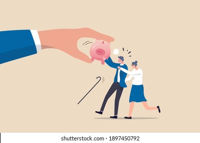 Protect retirement pension money from fraud, ponzi scheme or cost and tax that impact retiree investment fund concept, senior grandparent couple pull back their piggy bank money from thief hand.