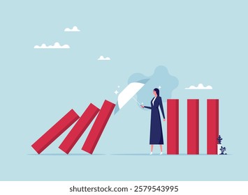 Protect risk in investment crisis, failure prevention, stop domino effect, protection or solution to solve problem, stop uncertainty or insurance concept, woman stop domino effect or investment crisis