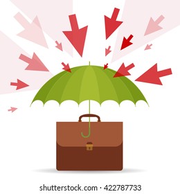 Protect and safety business concept. Vector flat illustration of umbrella, business case, danger. Design element for web, internet, print, presentation, brochure, social networks.