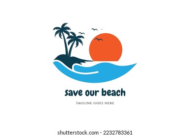 Protect Save Hand Tropical Beach Logo Design Vector