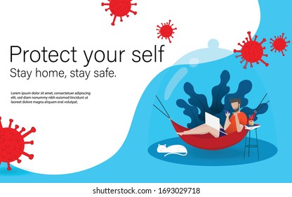 Protect self from coronavirus covid19 concept wallpaper background/backdrop. A man lay down at home working under the glass protection with coronavirus COVID-19 outside. Stay home stay safe concept.