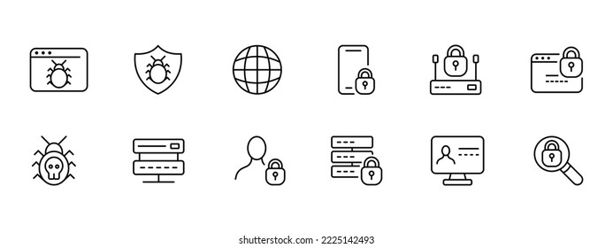 Protect set icon. Shield with spider, Cyber security, your computer. antivirus, website, network security, hacker, lock, password, defender, protecting. Privacy protection concept. Vector line icon