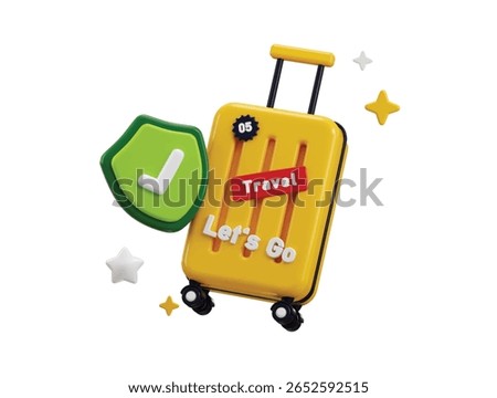 Protect shield with luggage icon 3d render concept of Travel Insurance suitcase standing beside a security shield Travel and Tourism icon vector illustration