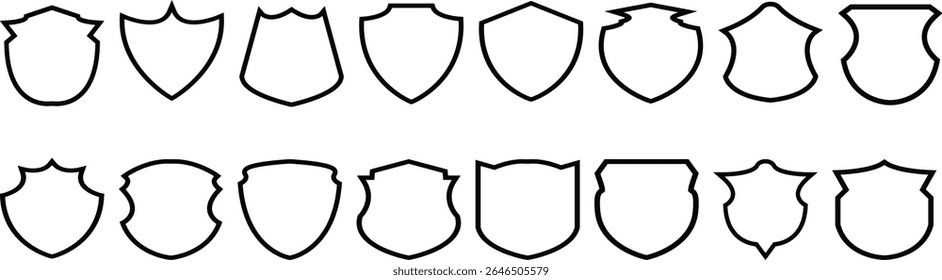 Protect shield security line icons. Badge quality symbol, sign, logo or emblem. Set of security shield icons. Shield shapes collection.