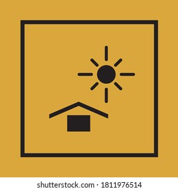Protect from sun symbol. Keep indoor icon. Square care pictogram. Specification sign. Cardboard. Keep away from sun. Industry. Packaging. Vector. Box. Use indication. Positive print.