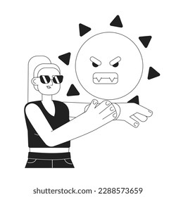 Protect from sun UV rays monochrome concept vector spot illustration. Editable 2D flat bw cartoon character for web UI design. Apply sunscreen creative linear hero image for landings, mobile headers