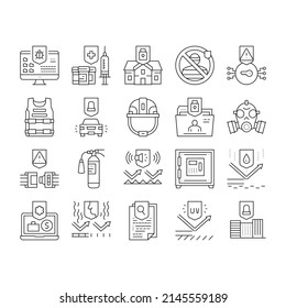 Protect Technology Collection Icons Set Vector. Smell And Noise, Uv And Waterproof Protect Layer, House And Office Protection Equipment Black Contour Illustrations