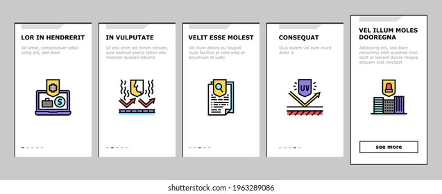 Protect Technology Onboarding Mobile App Page Screen Vector. Smell And Noise, Uv And Waterproof Protect Layer, House And Office Protection Equipment Illustrations