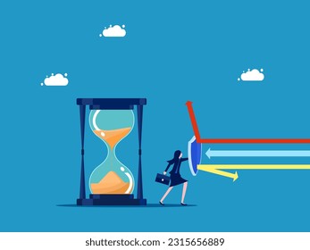 Protect time. Businesswoman holding shield to protect hourglass vector