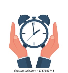 Protect time. Save time concept. Businessman in hands is holding a watch, alarm clock. Vector illustration flat design. Save clock. Controlling time. Successful strategy planning. 