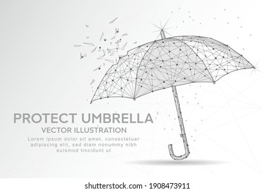 Protect umbrella digitally drawn in the form of broken a part triangle shape and scattered dots low poly wire frame.