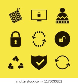 protect vector icons set. with lock, recycle sign, winter hat and open lock in set