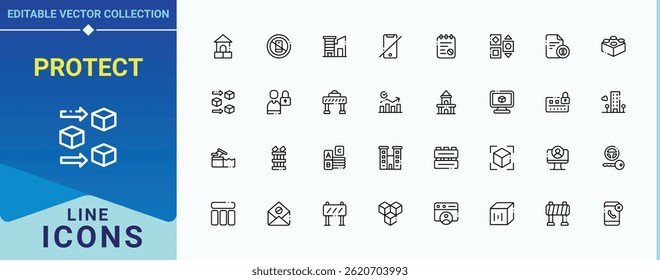 Symbolsatz für Vektorzeilen schützen. Enthält Symbole für Block, Sicherheit, Sperre und mehr. Gesperrte Symbolsammlung. Dünne Symbole gesetzt. Bearbeitbarer Strich. Pixel perfekt.