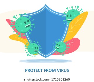 Schützen Sie vor dem Virus-Konzept, bei dem stylisierte Gesichtsmasken von außen durch vier grüne Virusmoleküle angegriffen werden, die die Covid-19-Pandemie konzeptionell darstellen, farbige Vektorillustration mit Kopienraum