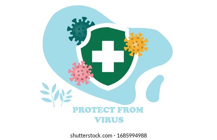 Protect from virus. Covid-19 virus or corona virus shield concept. Fight the sickness. Viral or bacteria cells attacks, isolated on white background. Antibiotics, vaccination poster