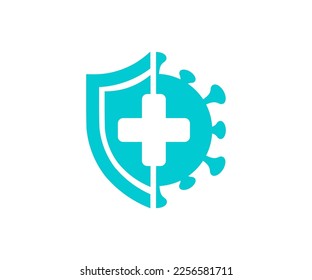 Protect from virus logo design. Immune system concept. Bacteria attack with shield. Bacterial prevention. Antibacterial protection or immune system vector design and illustration.