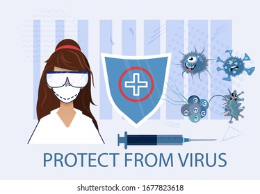 Protect from virus. Stop coronavirus. Pneumonia disease. Global concept. Vector Illustration medical worker with mask and glasses on face. MERS-Cov, COVID-19, Novel coronavirus.
