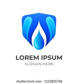 protect water logo vector, shield and water, combination logo with 3d blue color style