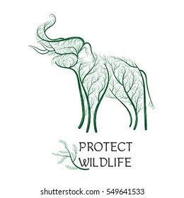 protect wildlife elephant stylized green bushes for use as logos on cards, in printing, posters, invitations, web design and other purposes.