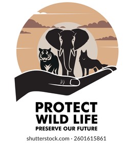 Protect Wildlife, Wildlife And Hand Silhouette Vector, Preserve Our Future with Nature Conservation.