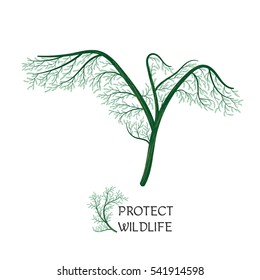 protect wildlife stork stylized green bushes for use as logos on cards, in printing, posters, invitations, web design and other purposes.