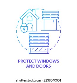 Proteja el icono de concepto de gradiente azul de ventanas y puertas. Ilustración de delgada línea abstracta de seguridad de tormentas eólicas y tornados. Obturadores. Dibujo de contorno aislado. Se usa una fuente Myriad Pro-Bold