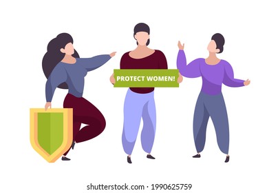 Protect women concept. Female group, isolated woman demonstration character. Girl with placard, anti bullying or harassment vector illustration