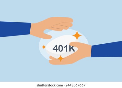 Protect your 401k in economic crisis, gently holding the businessman hand and covering the silver egg with the 401K label.