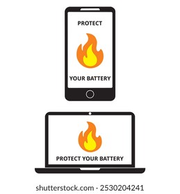Schützen Sie Ihren Akku-Satz mit einer Flamme auf dem Bildschirm eines Smartphones und eines Notebooks