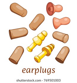 Protect your ears from loud earplugs. Set of different ear plugs on white background. Vector illustration