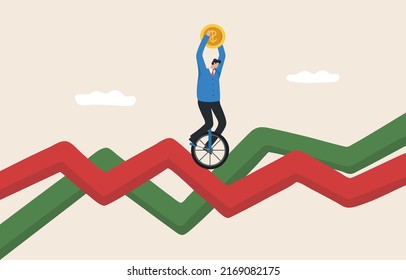 Proteja sus fondos de la volatilidad del mercado de valores o cripto de la moneda. Crisis económica o inflación. Gráfica de volatilidad hacia arriba y abajo. Empresario montando un monociclo en una tabla de acciones.