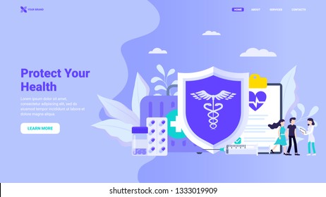 Proteja el concepto de su página de inicio de salud. Compra seguro de salud en línea, concepto de atención de salud, protege tu concepto de salud con personajes pequeños para la página de inicio, diseño de sitio web, banner, imagen de héroe.