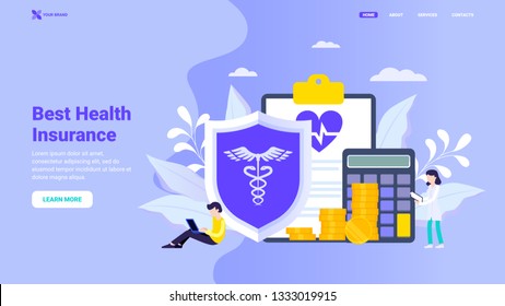 Protect your health landing page concept. Buy health insurance online, health care concept, protect your health concept with small characters for landing page, web site design, banner, hero image.