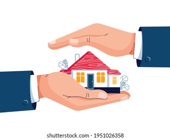 Protect your home vector illustration. Businessman's hands are covering property. Real estate, housing, mortgage insurance, house protection, home safety security concept. Flat style