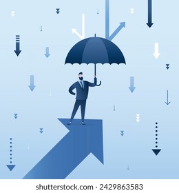 Protect your investment. Successful business management and protection during crisis, recession and problems. Businessman with an umbrella standing on the rising arrow. Risk management. flat vector