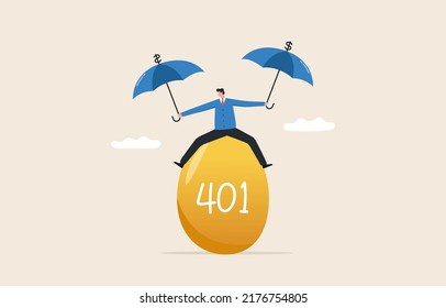 Protect Your IRA Or 401k. Retirement Account. Planning For Long Term Savings Until Retirement. 
Security Deposit. A Businessman Opens An Umbrella To Protect A 401k Golden Egg.