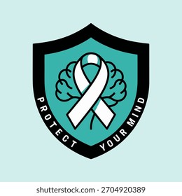 Proteja su escudo de la mente, insignia verde azulado con la cinta, centro del icono del cerebro, Asistencia de la salud mental, emblema de la seguridad, gráfico del Vector