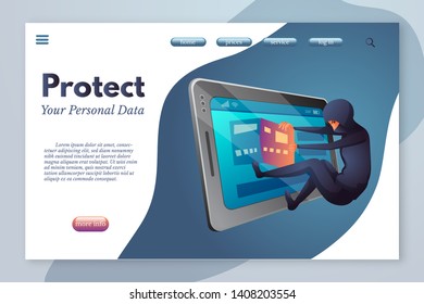 Protect your personal data landing page template. Cyber crime, law break flat vector illustration. Bank, credit card information theft. Cybersecurity, hacker attack protection, digital safety threat